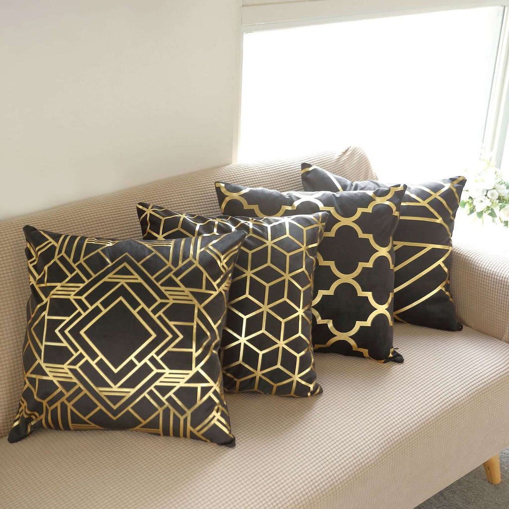 Set Of 4 18" Black Gold Foil Geometric Print Throw Pillow Covers, Velvet Square Sofa Cushion Covers - Bell Racket Store