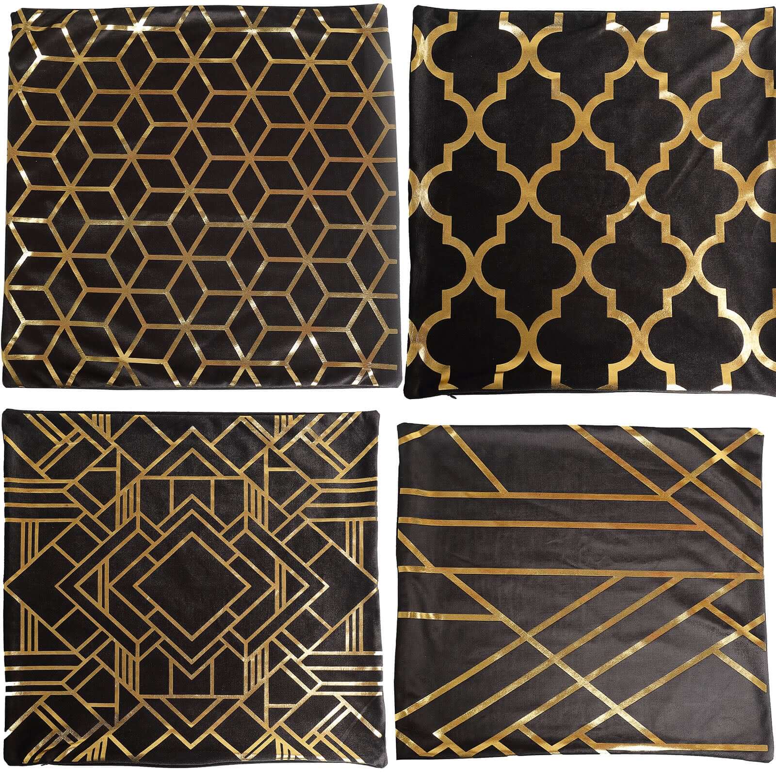 Set Of 4 18" Black Gold Foil Geometric Print Throw Pillow Covers, Velvet Square Sofa Cushion Covers - Bell Racket Store