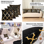 Set Of 4 18" Black Gold Foil Geometric Print Throw Pillow Covers, Velvet Square Sofa Cushion Covers - Bell Racket Store