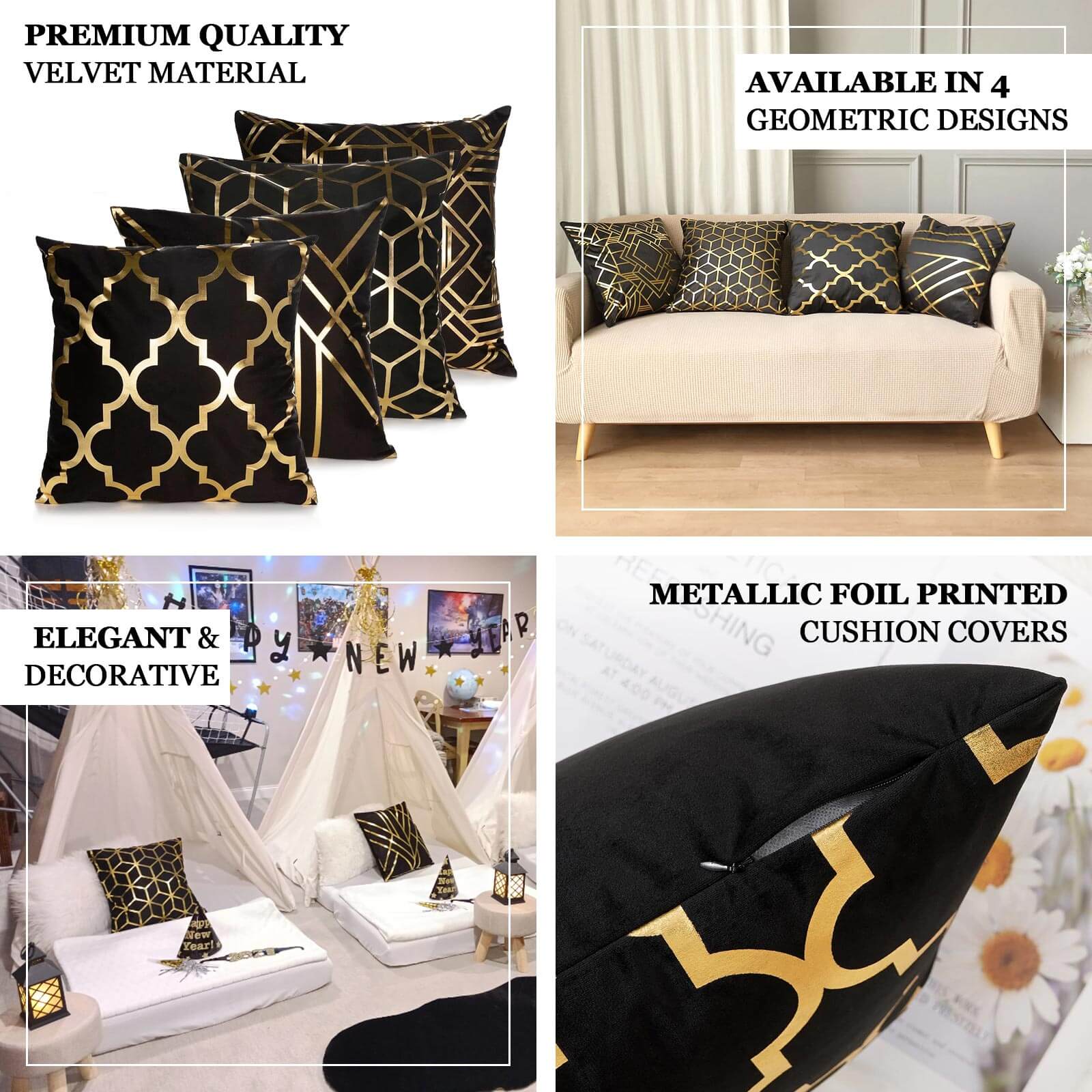 Set Of 4 18" Black Gold Foil Geometric Print Throw Pillow Covers, Velvet Square Sofa Cushion Covers - Bell Racket Store