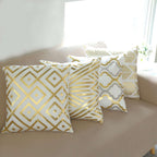 Set Of 4 18" White Gold Foil Geometric Print Throw Pillow Covers, Velvet Square Sofa Cushion Covers - Bell Racket Store