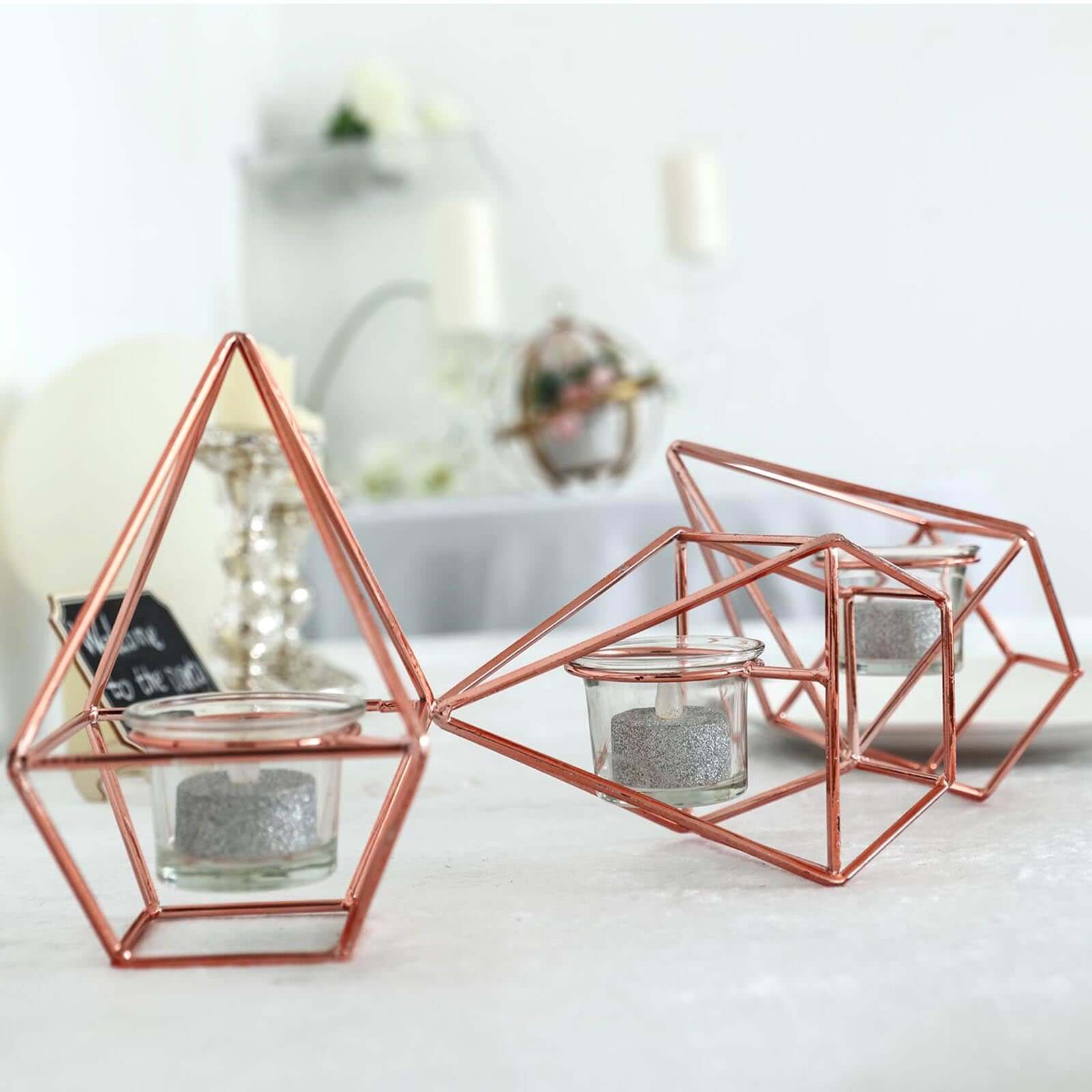 Set of Metal Candle Holders Linked Geometric Design Rose Gold - Modern Votive Glass Decor for Tables & Gatherings 16"