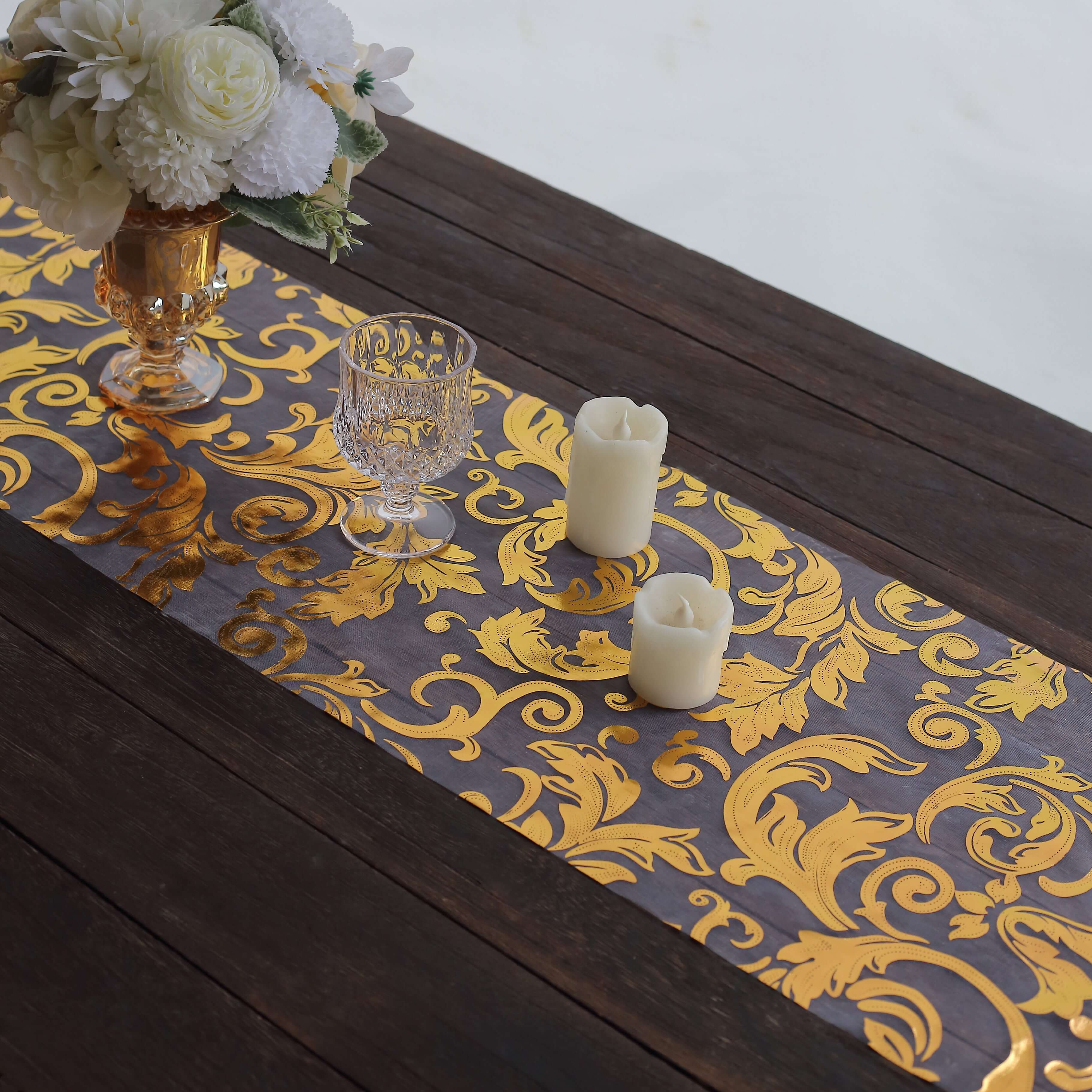 Sheer Organza 12"x108" Table Runner Roll Metallic Gold Foil Floral Swirl Design - Disposable Stylish Event Decoration - Bell Racket Store