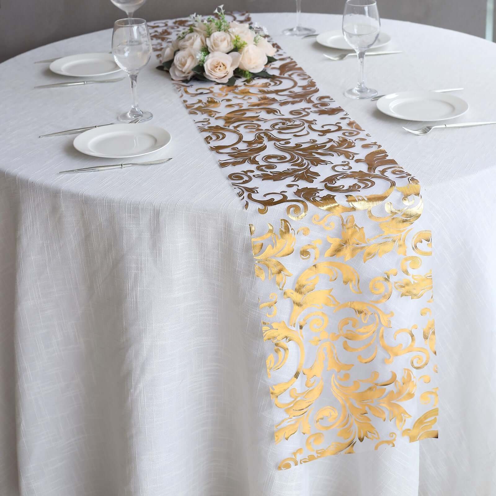 Sheer Organza 12"x108" Table Runner Roll Metallic Gold Foil Floral Swirl Design - Disposable Stylish Event Decoration - Bell Racket Store