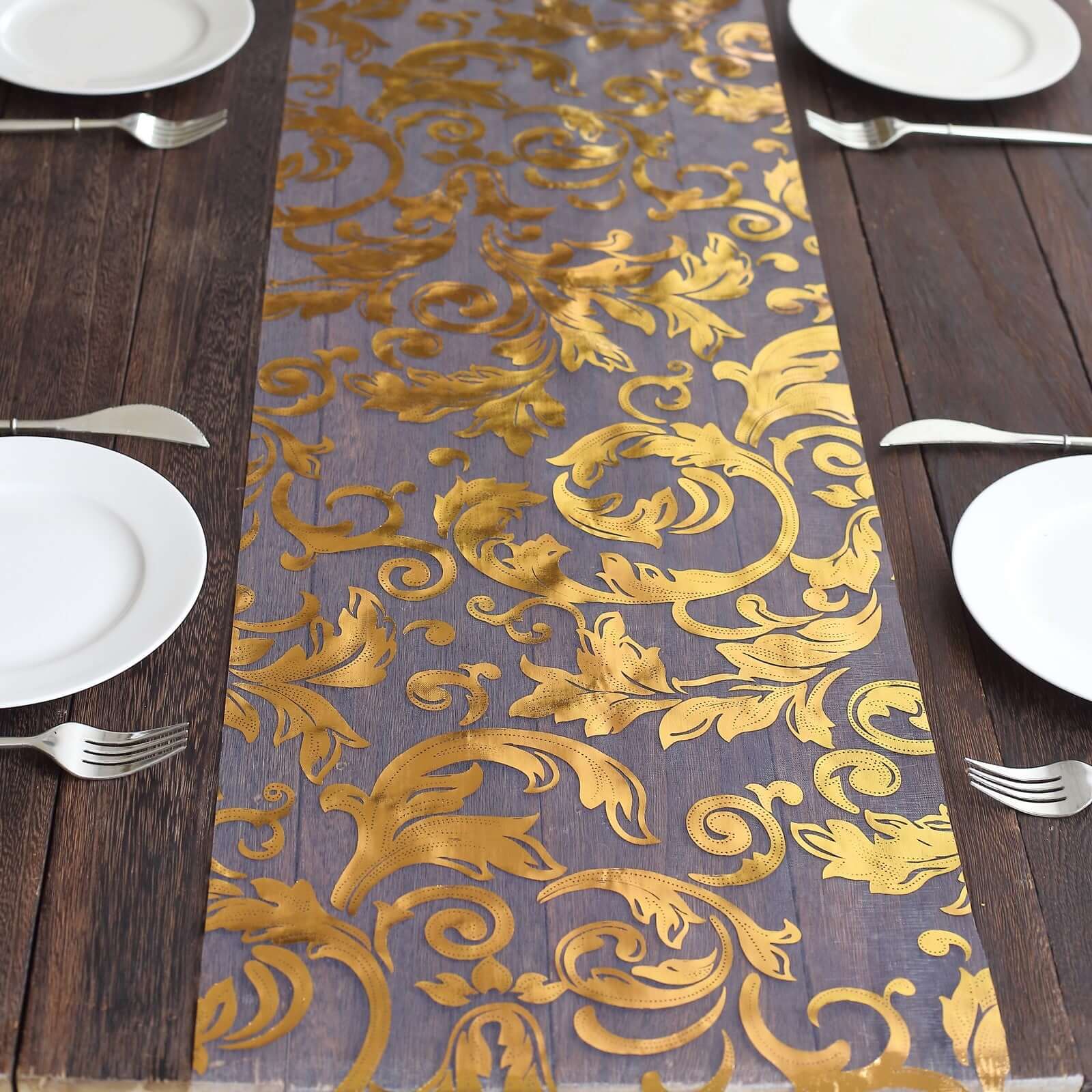 Sheer Organza 12"x108" Table Runner Roll Metallic Gold Foil Floral Swirl Design - Disposable Stylish Event Decoration - Bell Racket Store