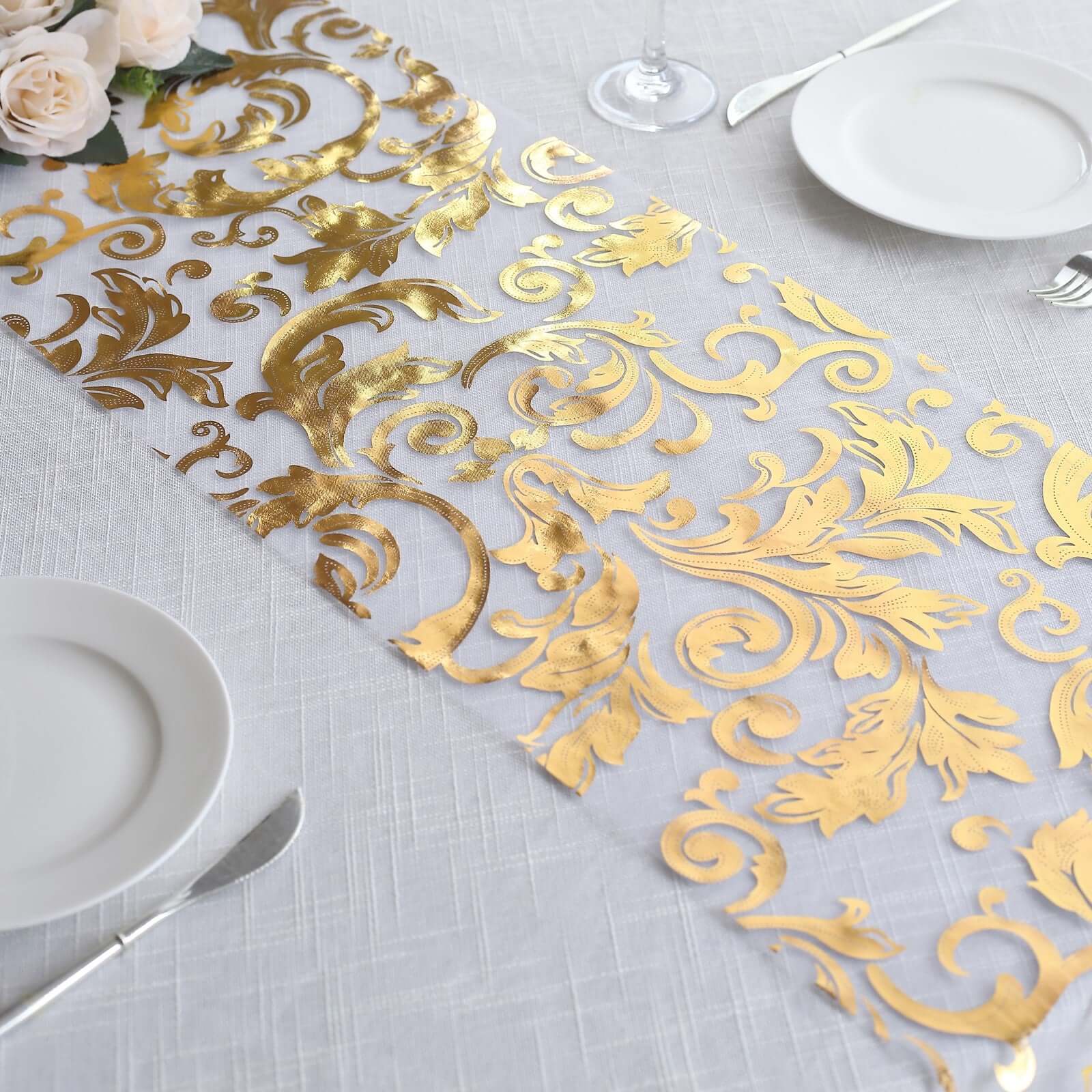 Sheer Organza 12"x108" Table Runner Roll Metallic Gold Foil Floral Swirl Design - Disposable Stylish Event Decoration - Bell Racket Store