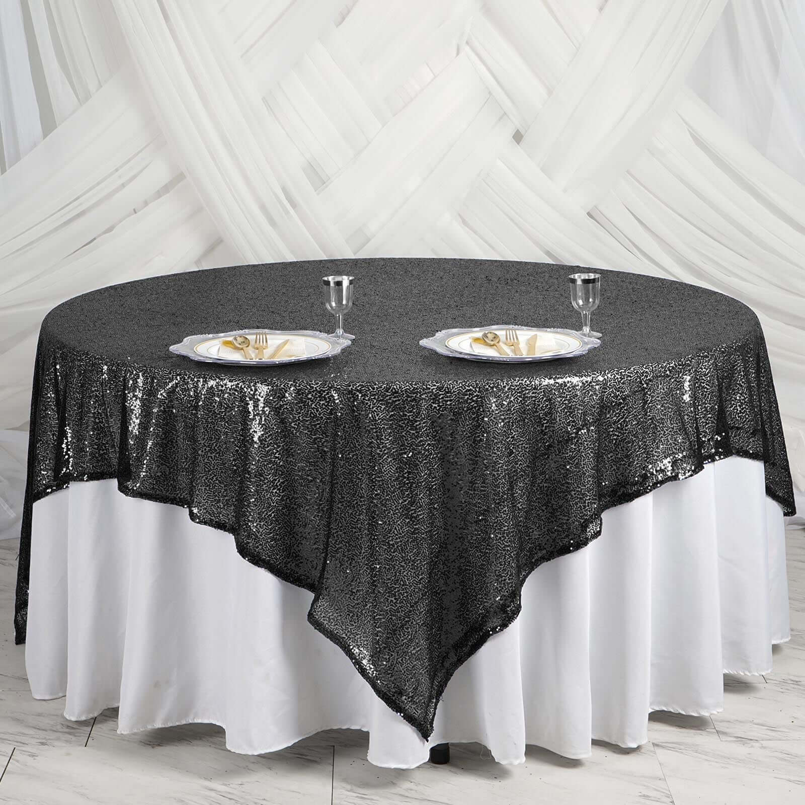 Sequin 90"x90" Table Overlay Square Tablecloth Black - Sparkly Table Cover
