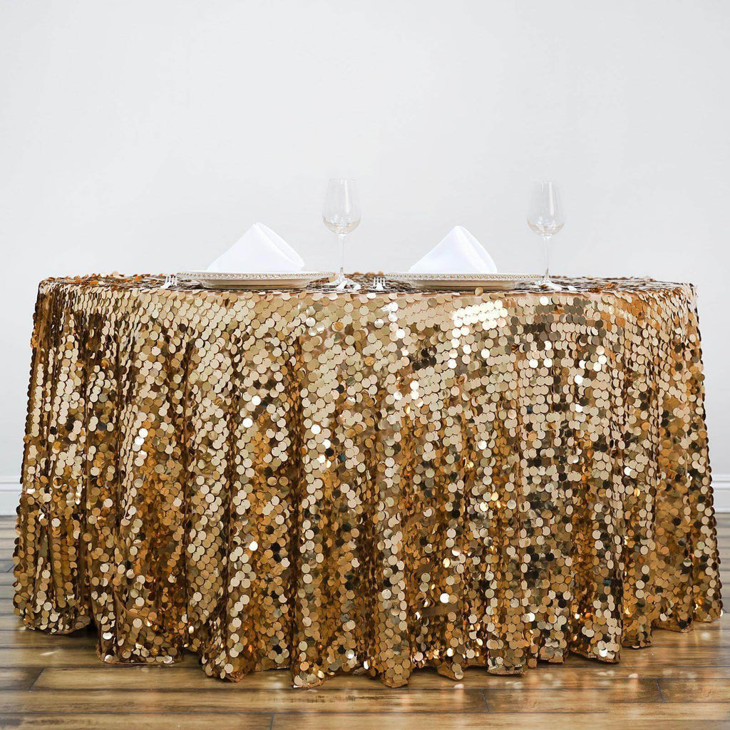Sequin 120" Round Tablecloth Gold - Seamless Big Payette Design for Luxe Celebrations