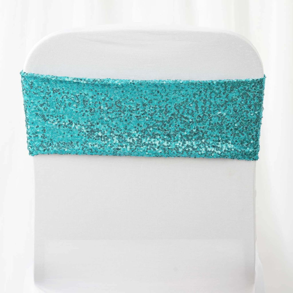 5 Pack Sequin Spandex Chair Sashes Turquoise - Stretch Chair Bands 6"x15"