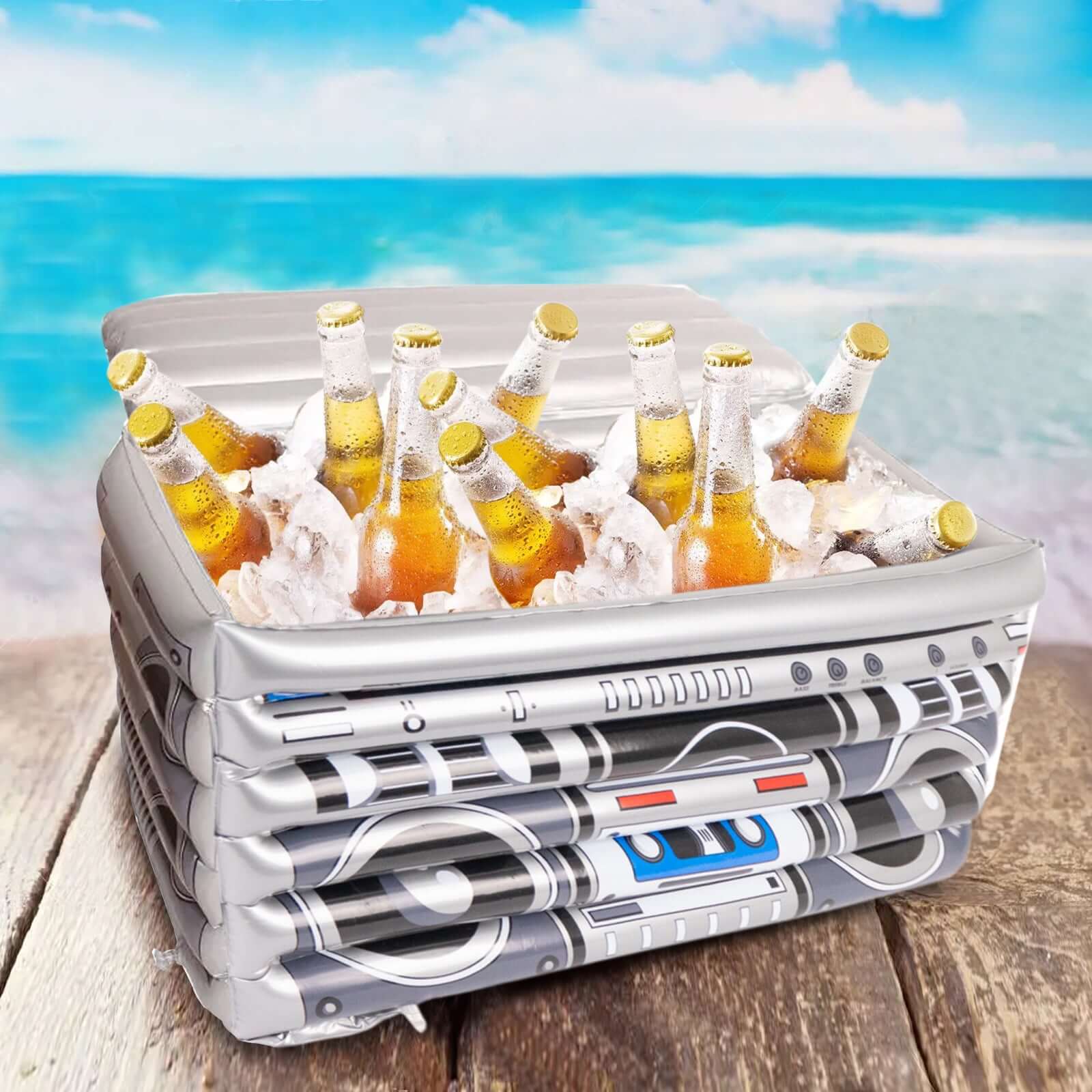 Silver Inflatable Ice Beverage Cooler with 80's Boom Box Design - Party Drink Container for Pool Events 24"x12" - Bell Racket Store