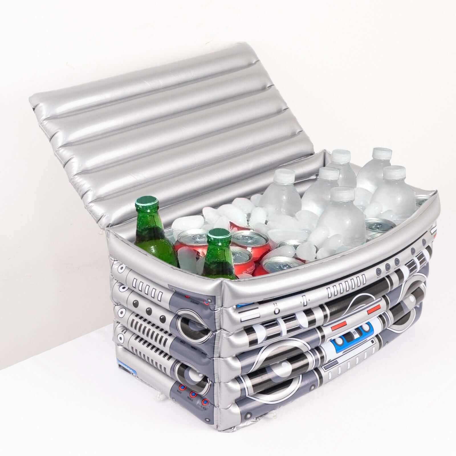 Silver Inflatable Ice Beverage Cooler with 80's Boom Box Design - Party Drink Container for Pool Events 24"x12" - Bell Racket Store