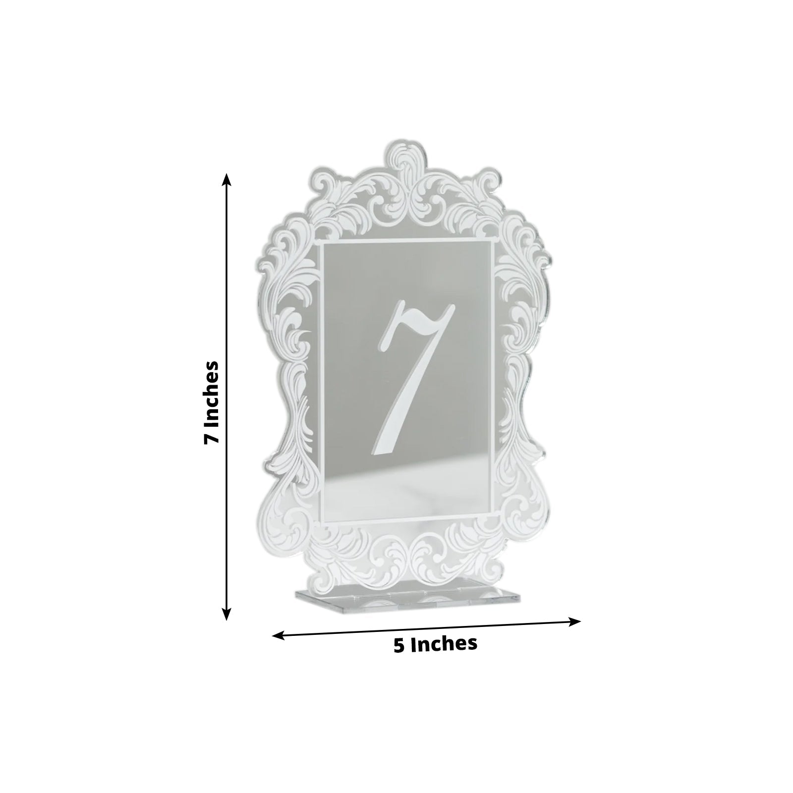 Silver Mirror Arch Acrylic Table Numbers (1 - 10) - 5"x7" Wedding Reception Signs with Baroque Lace Border, White Print & Stands - Bell Racket Store