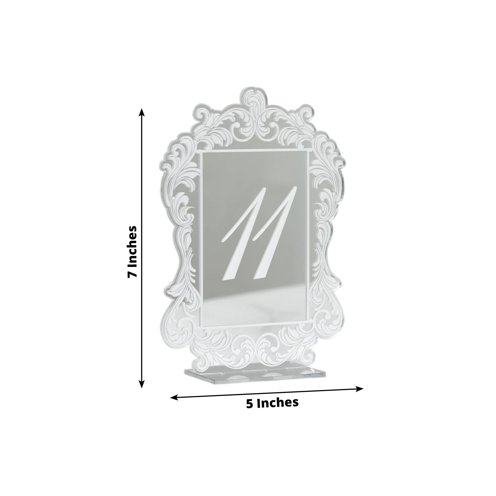 Silver Mirror Arch Acrylic Table Numbers (11 - 20) - 5"x7" Wedding Reception Signs with Baroque Lace Border, White Print & Stands - Bell Racket Store