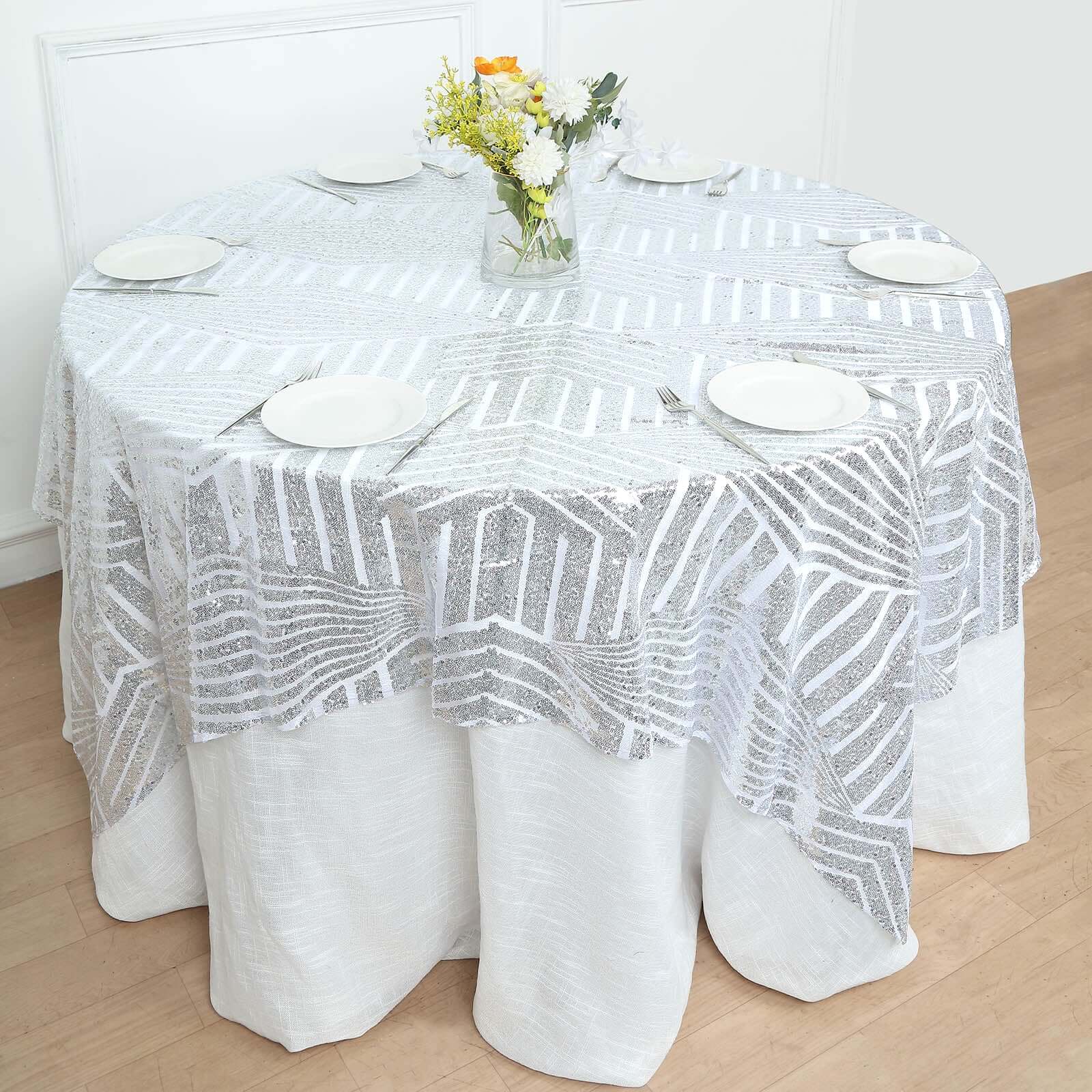 Sequin 72" Table Overlay Square Tablecloth Silver - Diamond Glitz Table Cover