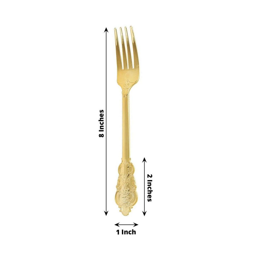 24-Pack Plastic Forks Baroque Style Metallic Gold - Heavy Duty Disposable Silverware 8"