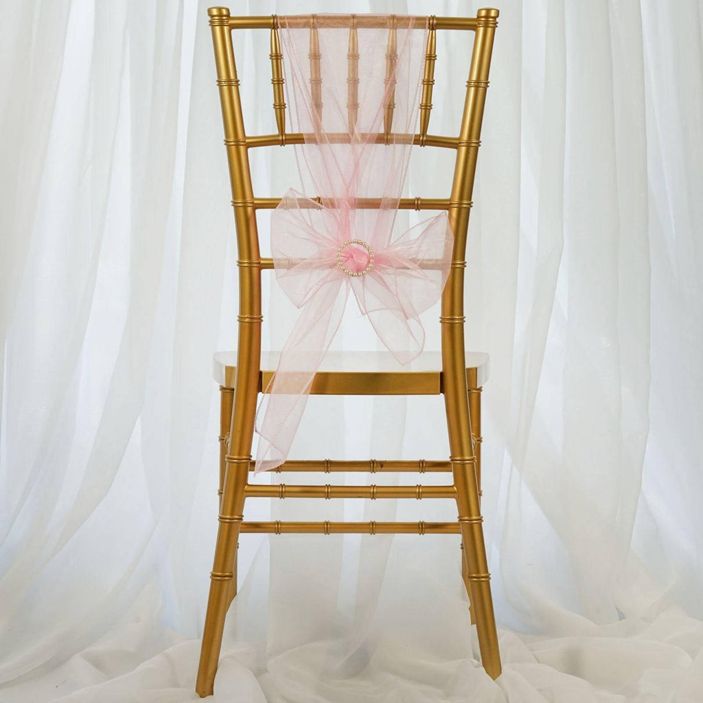5 Pack Organza Chair Sashes Pink - Reusable Sheer Chair Bows 6"x108"