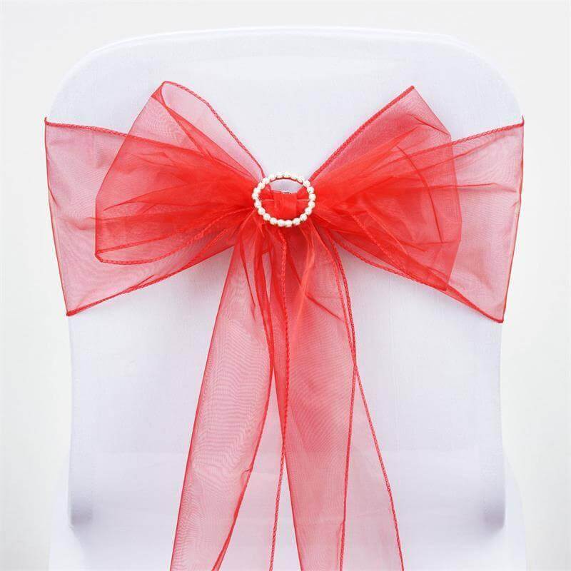 5 Pack Organza Chair Sashes Red - Reusable Sheer Chair Bows 6"x108"