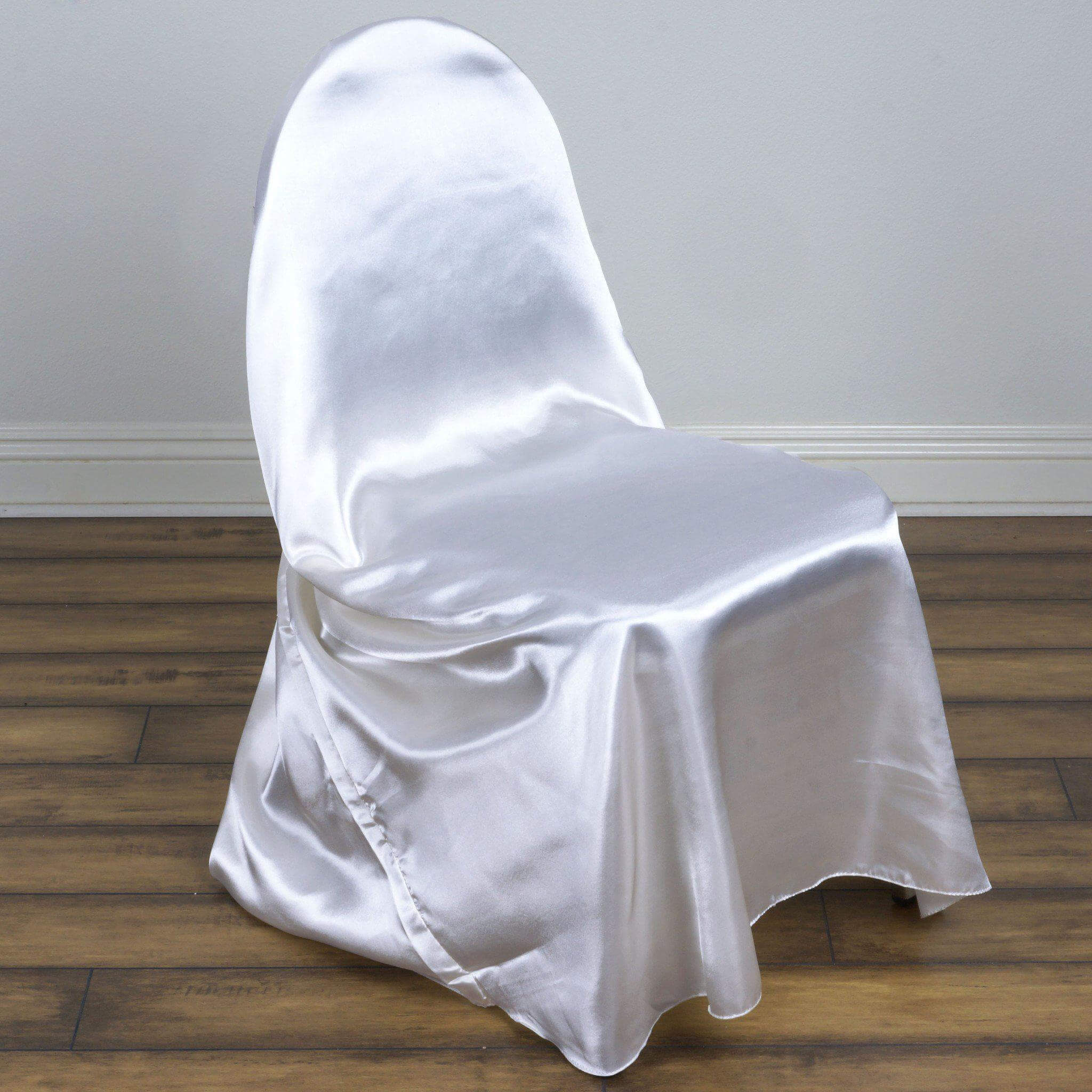 Satin Chair Cover Self-Tie Universal Design White - Durable Slip-On Cover for Folding, Dining, Banquet & Standard Chairs