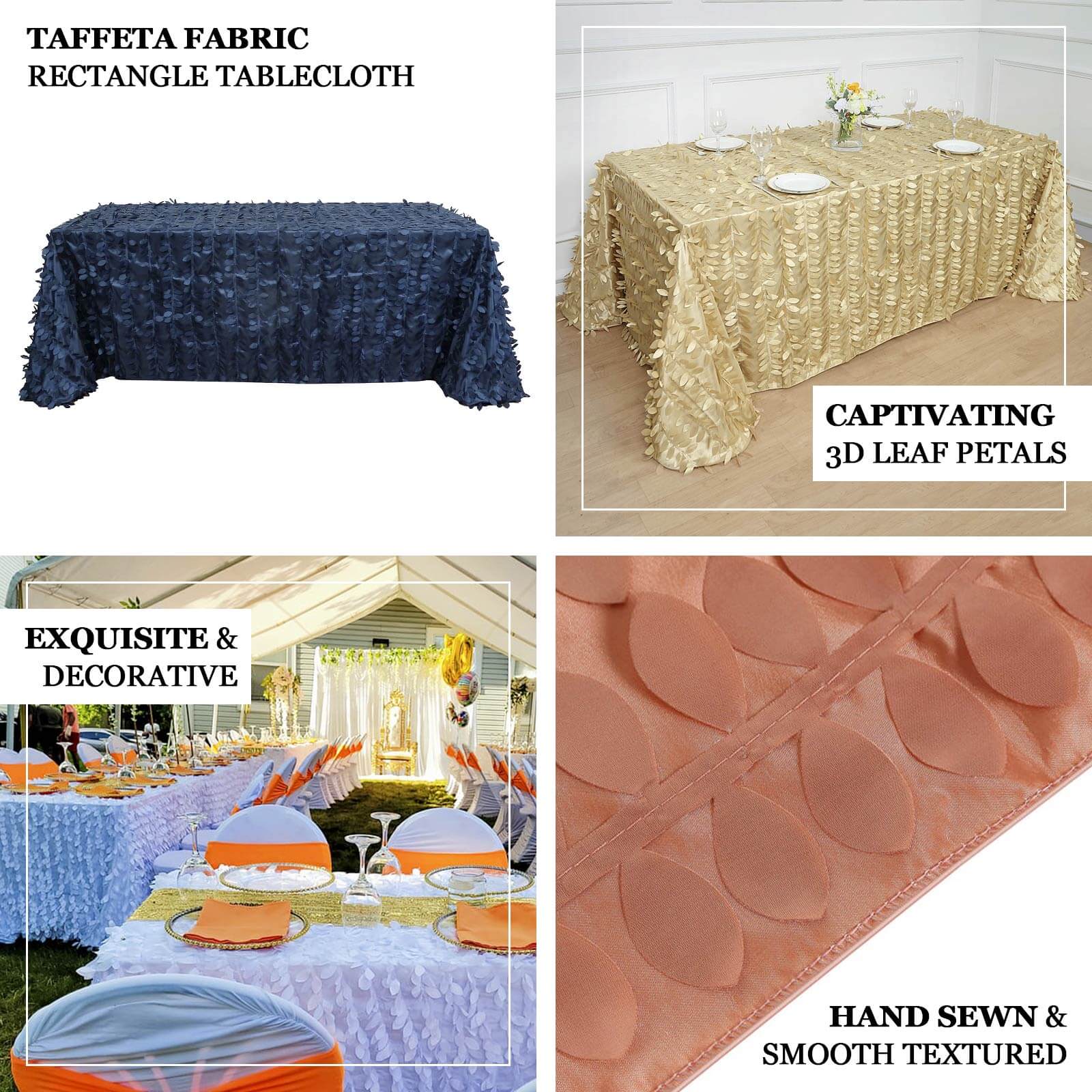 Taffeta 90"x132" Rectangle Tablecloth Black | 3D Leaf Petal Design Seamless Table Cover