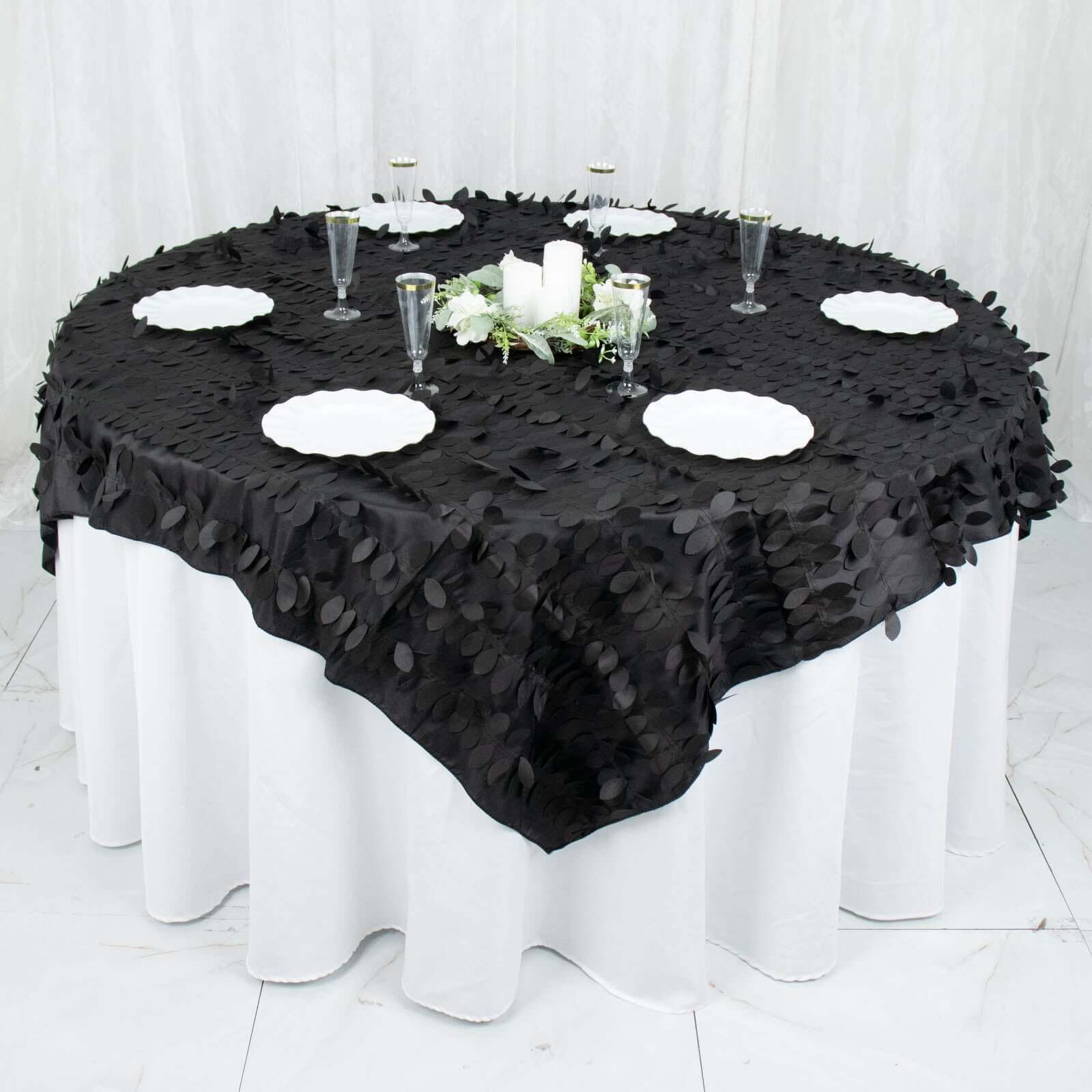 Taffeta 72"x72" Table Overlay Square Tablecloth Black - 3D Leaf Petal Table Cover