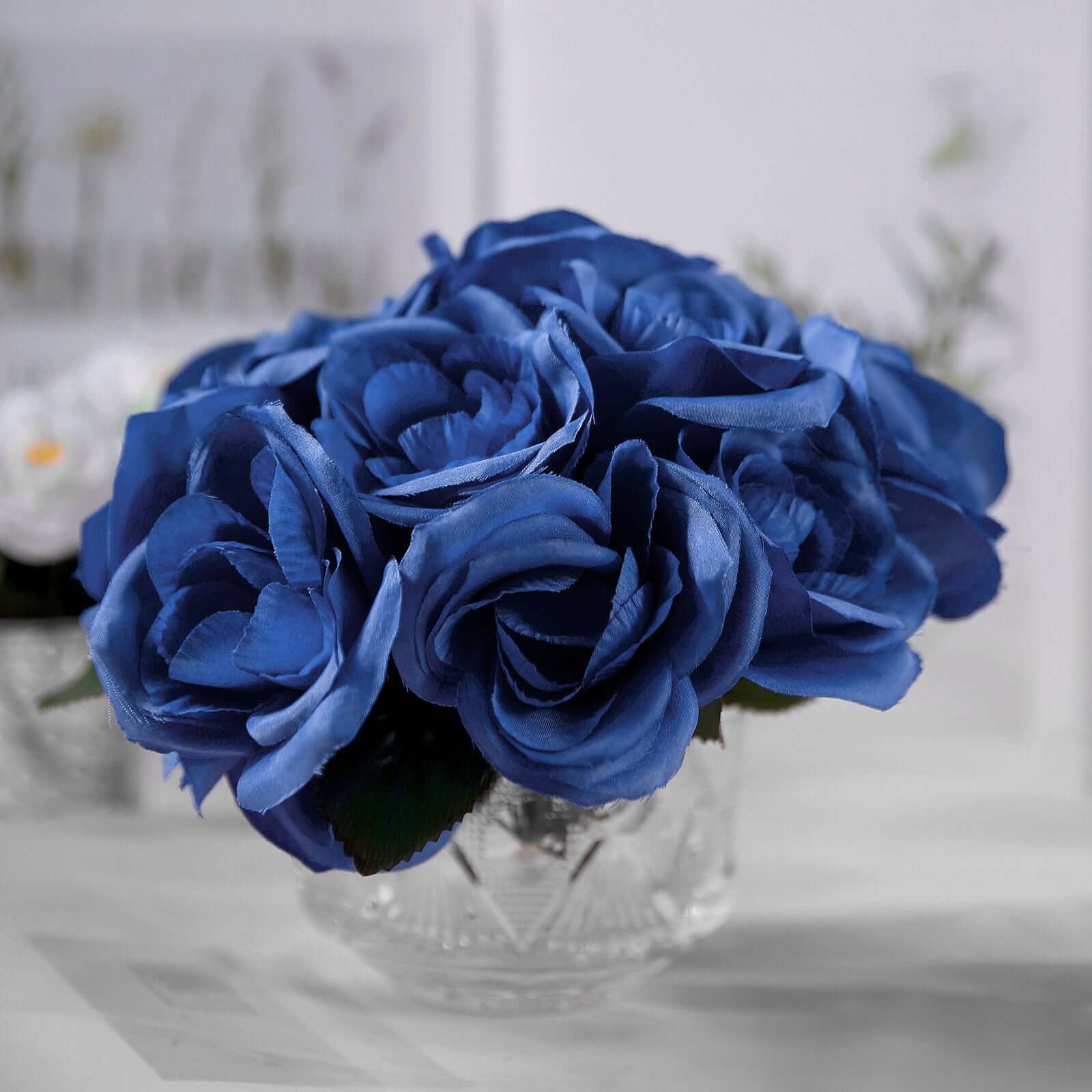 12" Royal Blue Artificial Velvet-Like Fabric Rose Flower Bouquet Bush