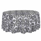 Taffeta 120" Round Tablecloth Black - Seamless Velvet Flocking Damask Design for Sophisticated Gatherings