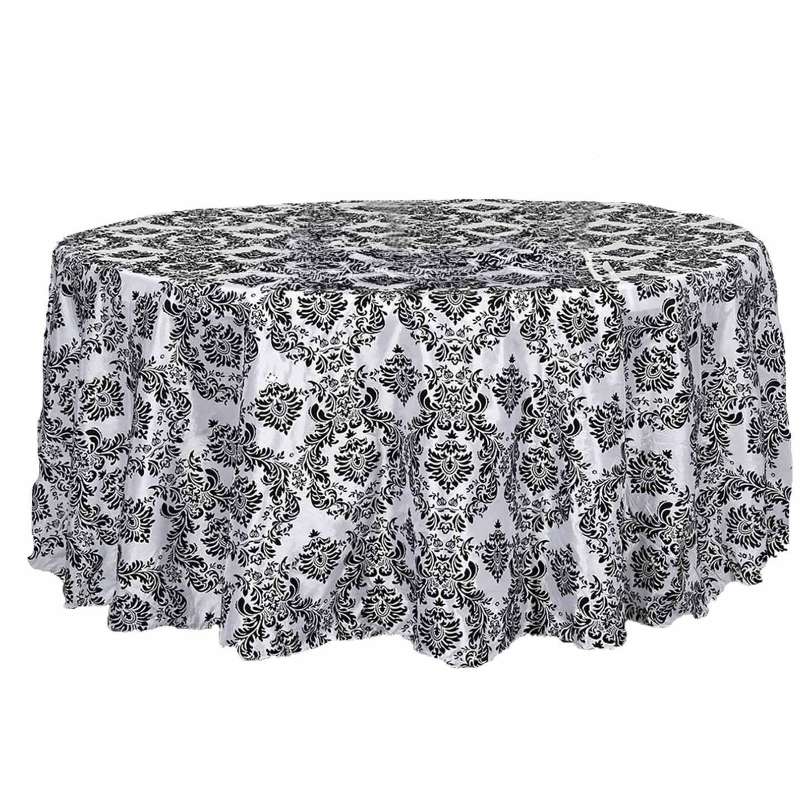 Taffeta 120" Round Tablecloth Black - Seamless Velvet Flocking Damask Design for Sophisticated Gatherings