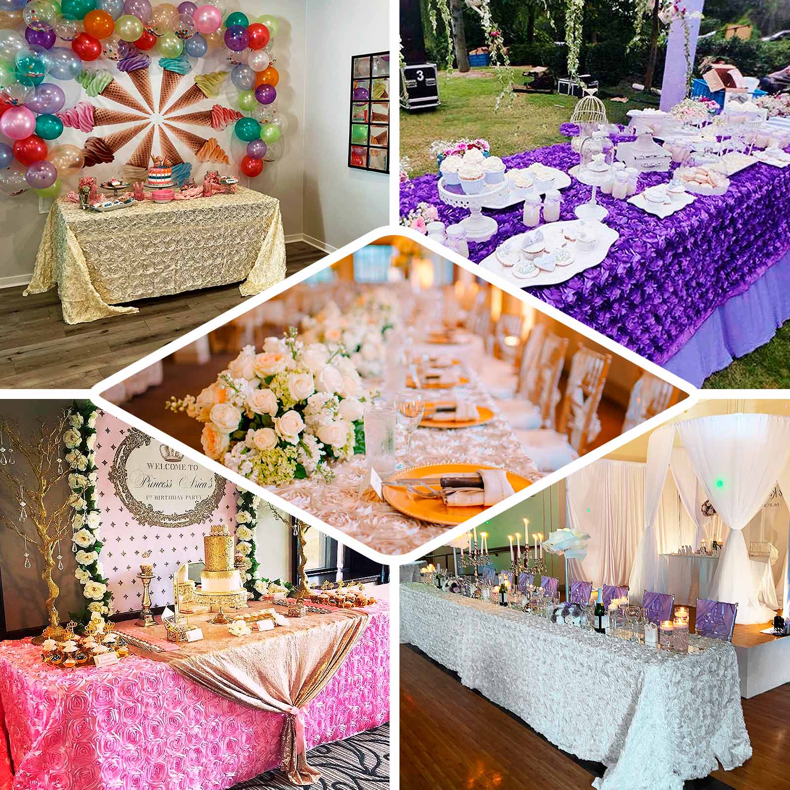 Satin 90"x132" Rectangle Tablecloth Hunter Emerald Green - Grandiose 3D Rosette Seamless Table Cover