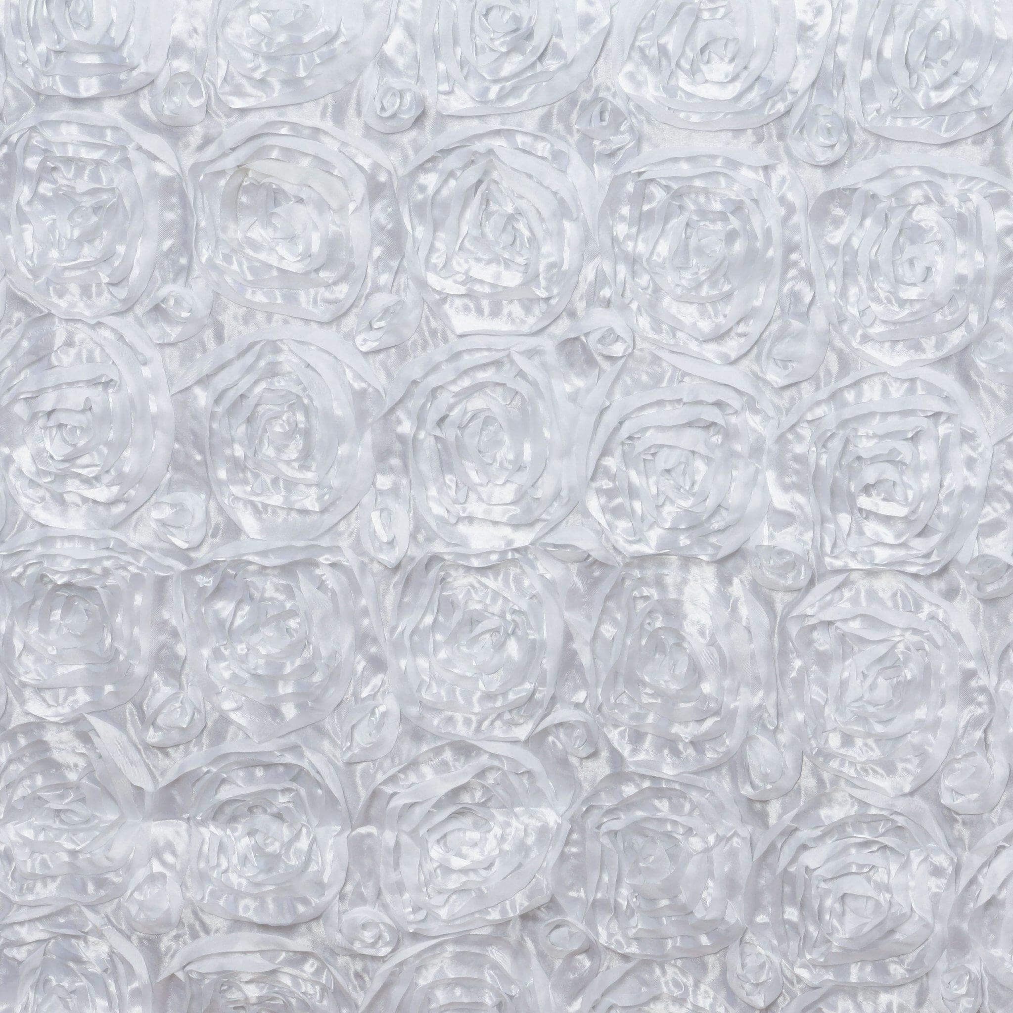 Satin 90"x132" Rectangle Tablecloth White - Grandiose 3D Rosette Design with Seamless Finish for Graceful Gatherings