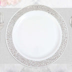 10-Pack Plastic Dinner Plates White with Fancy Silver Lace Rim - Stylish Disposable Plates for Events 10"
