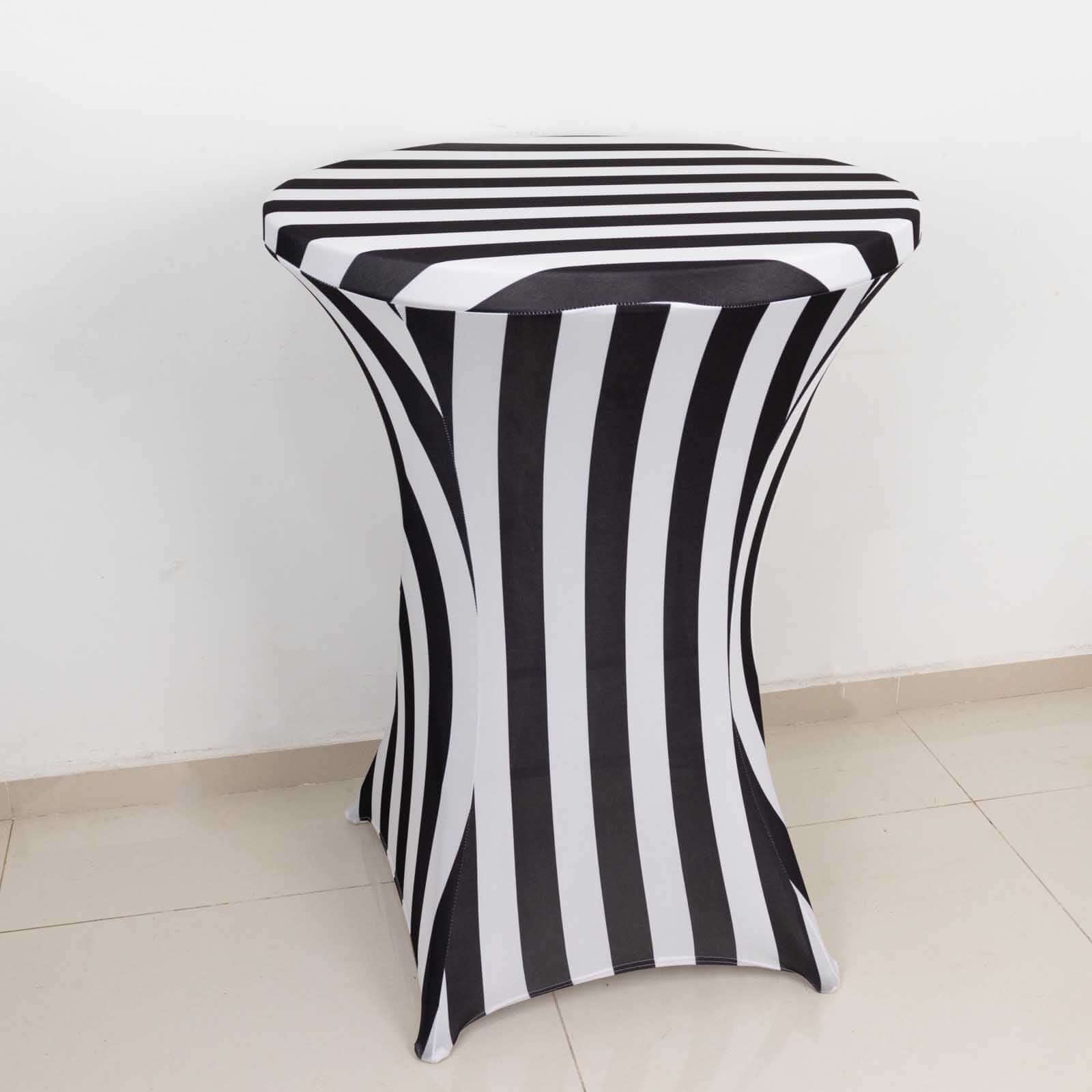 Spandex 30" Fitted Round Cocktail Table Cover Black/White Striped - Easy to Maintain Stretch Tablecloth - Bell Racket Store