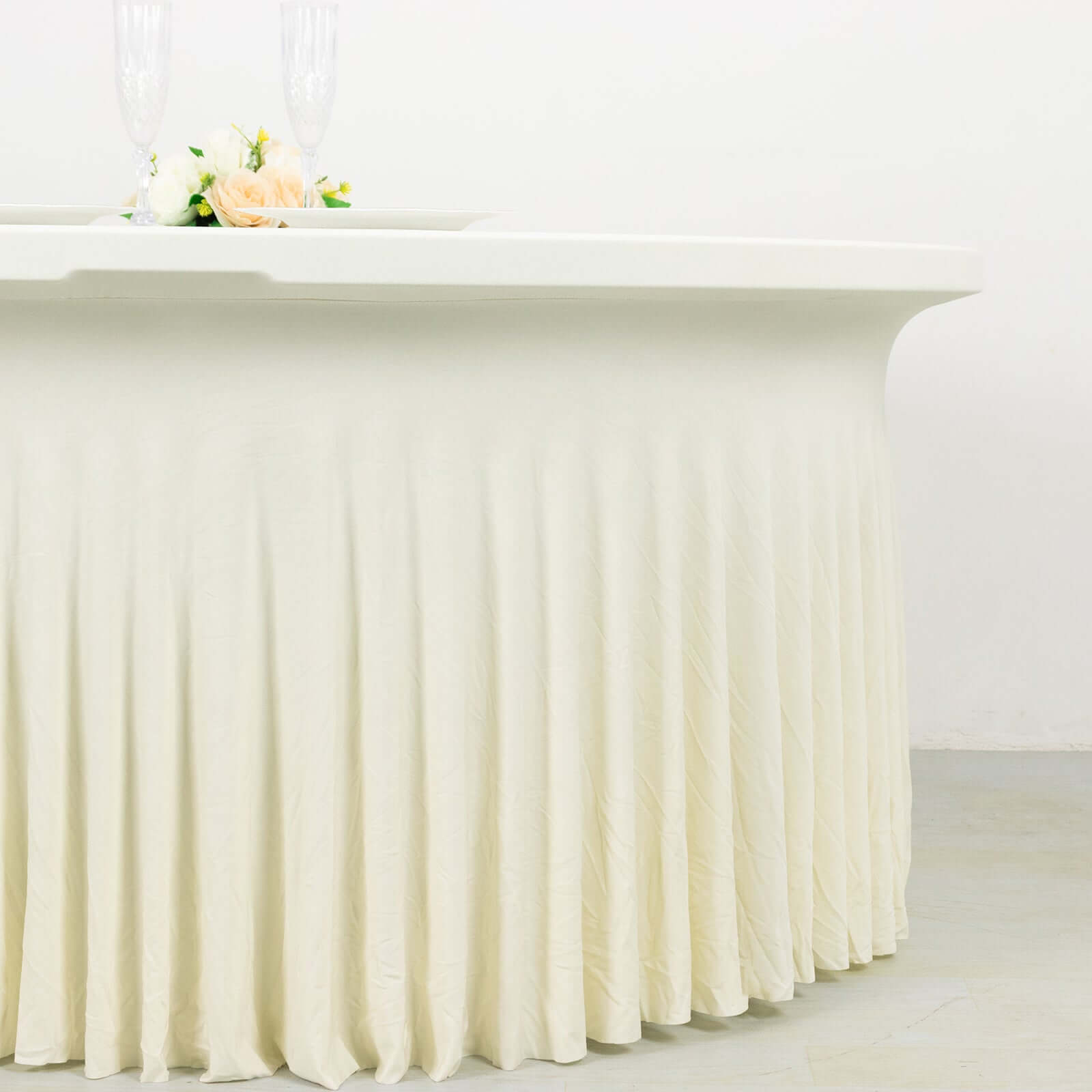 Spandex Round 5ft Table Skirt Ivory with Wavy Skirt - Like Effect Stylish Table Cover - Bell Racket Store