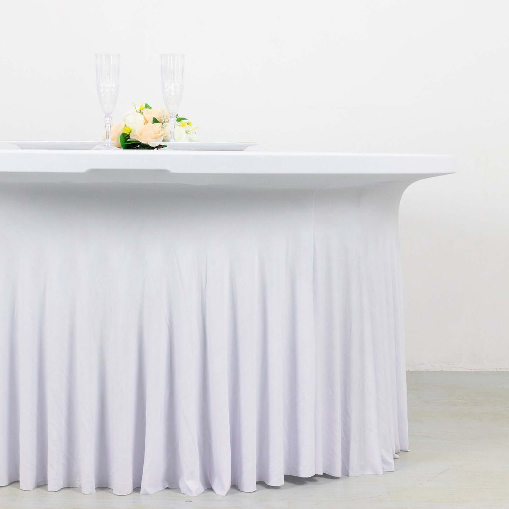 Spandex Round 5ft Table Skirt White with Wavy Skirt - Like Effect Stylish Table Cover for Weddings, Banquets & Trade Shows - Bell Racket Store