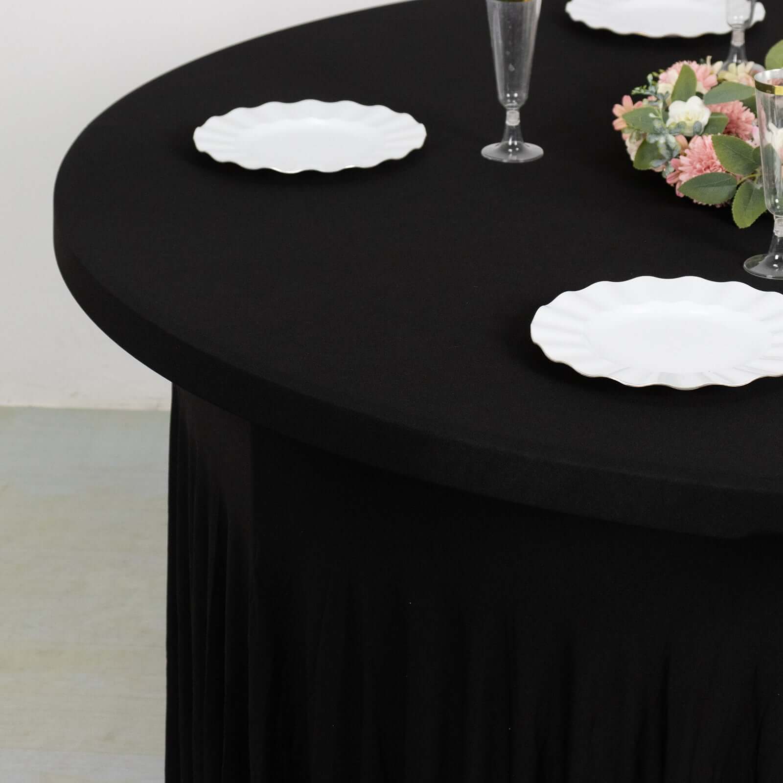 Spandex Round 6ft Table Skirt Black with Wavy Skirt - Like Effect Stylish Table Cover - Bell Racket Store