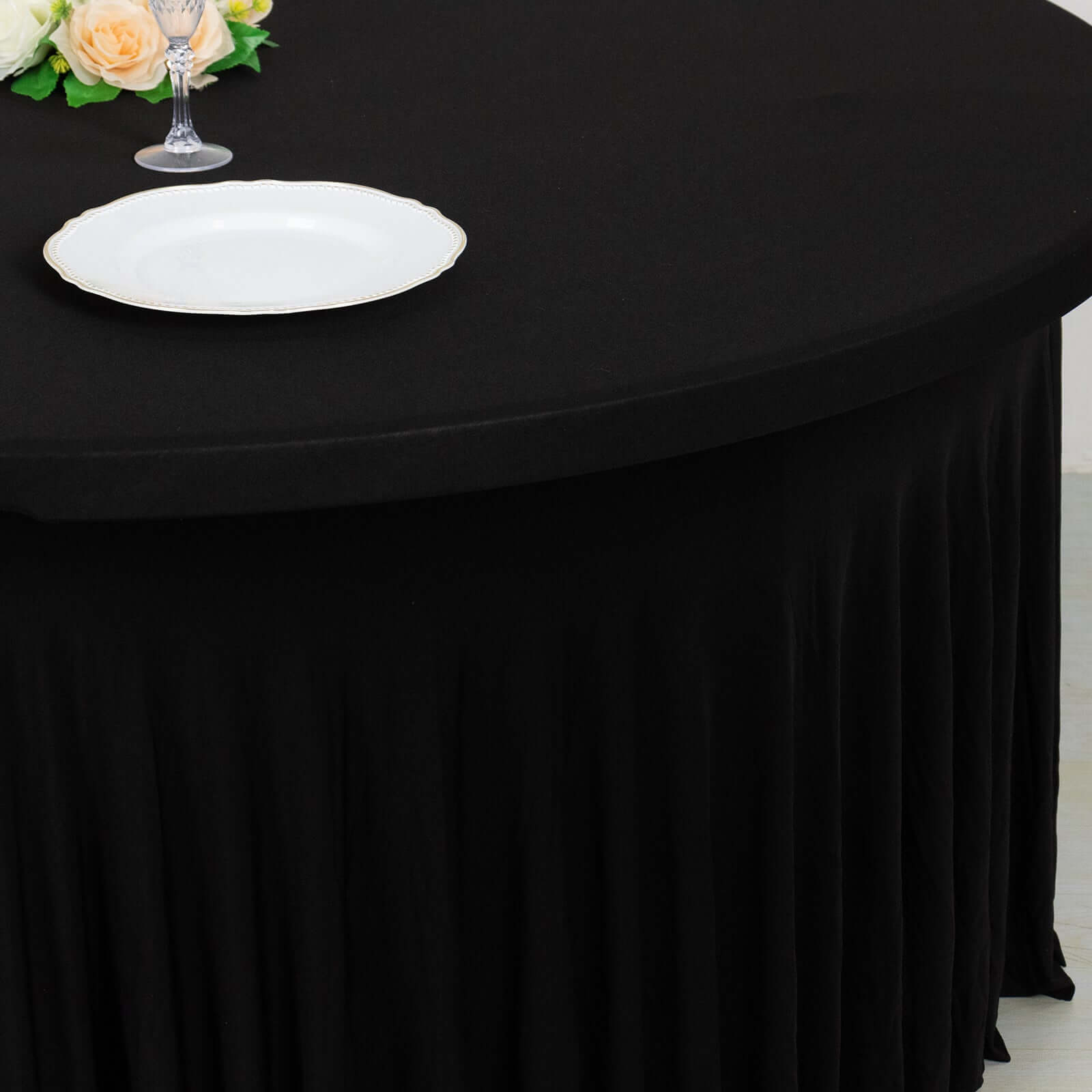 Spandex Round 6ft Table Skirt Black with Wavy Skirt - Like Effect Stylish Table Cover - Bell Racket Store