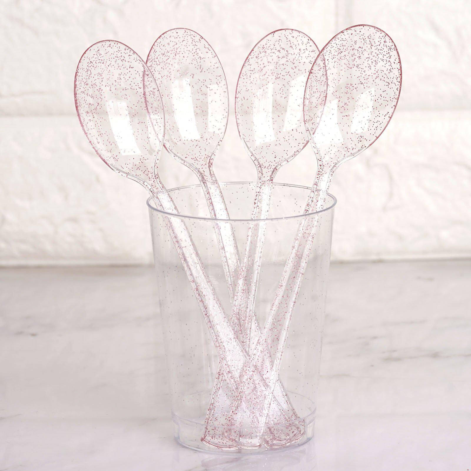 25-Pack Plastic Spoons Transparent Blush Glitter Classic Heavy Duty - Decorative Disposable Tableware 7"