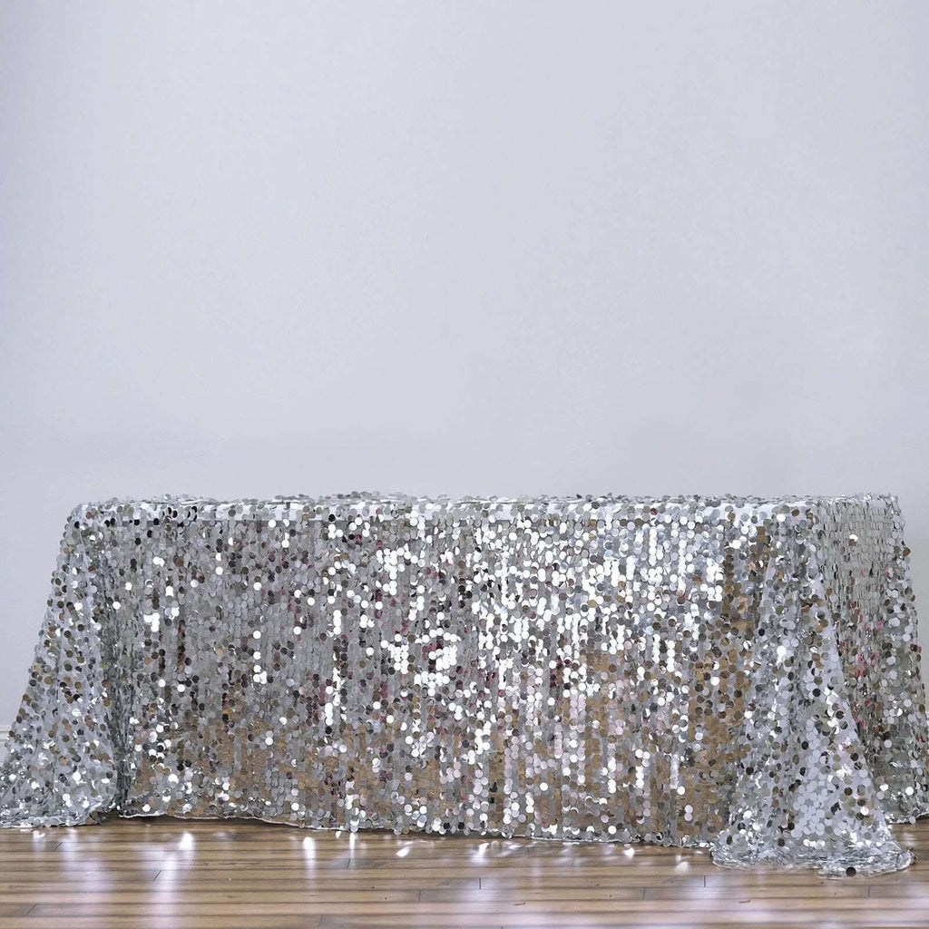 Sequin 90"x132" Rectangle Tablecloth Silver - Seamless Big Payette Table Cover