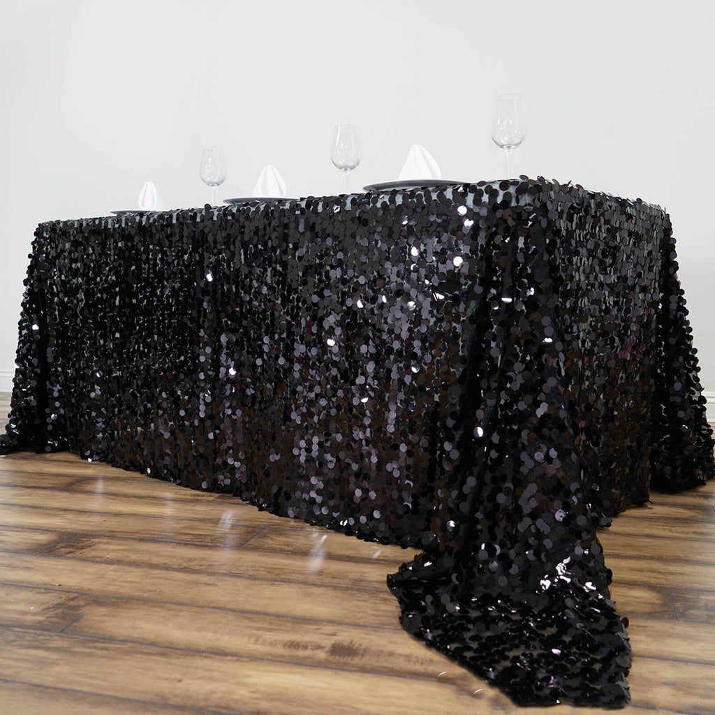 Sequin 90"x132" Rectangle Tablecloth Black - Seamless Big Payette Design for Sophisticated Occasions
