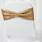 5 Pack Sequin Spandex Chair Sashes Gold - Sparkly Stretch Chair Bands for Glamorous Events 6"x15"