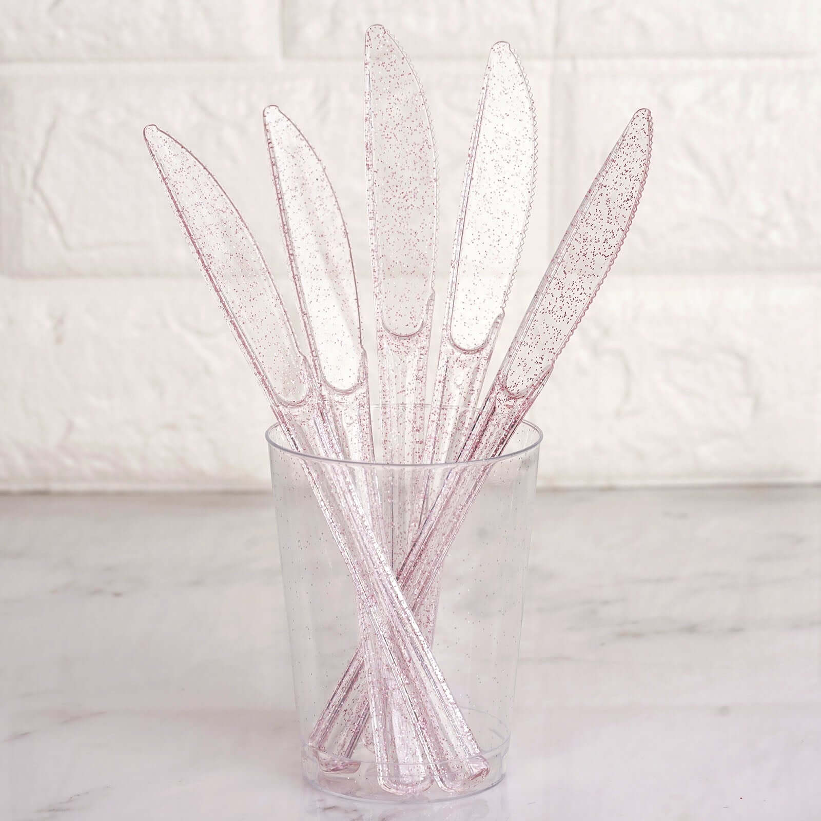 25-Pack Plastic Knives Transparent Blush Glitter Classic Heavy Duty - Decorative Disposable Cutlery 7"