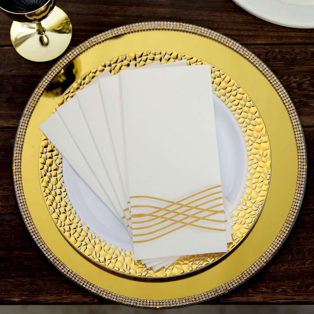 25 Pack Linen-Like Paper 8"x4" Napkins White with Metallic Gold Foil Wave Design - Soft & Absorbent Airlaid Hand Towels for Exquisite Weddings & Events