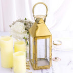 Stainless Steel Candle Lantern Crown Top Design Gold - Outdoor Metal Patio Lantern Centerpiece 14"