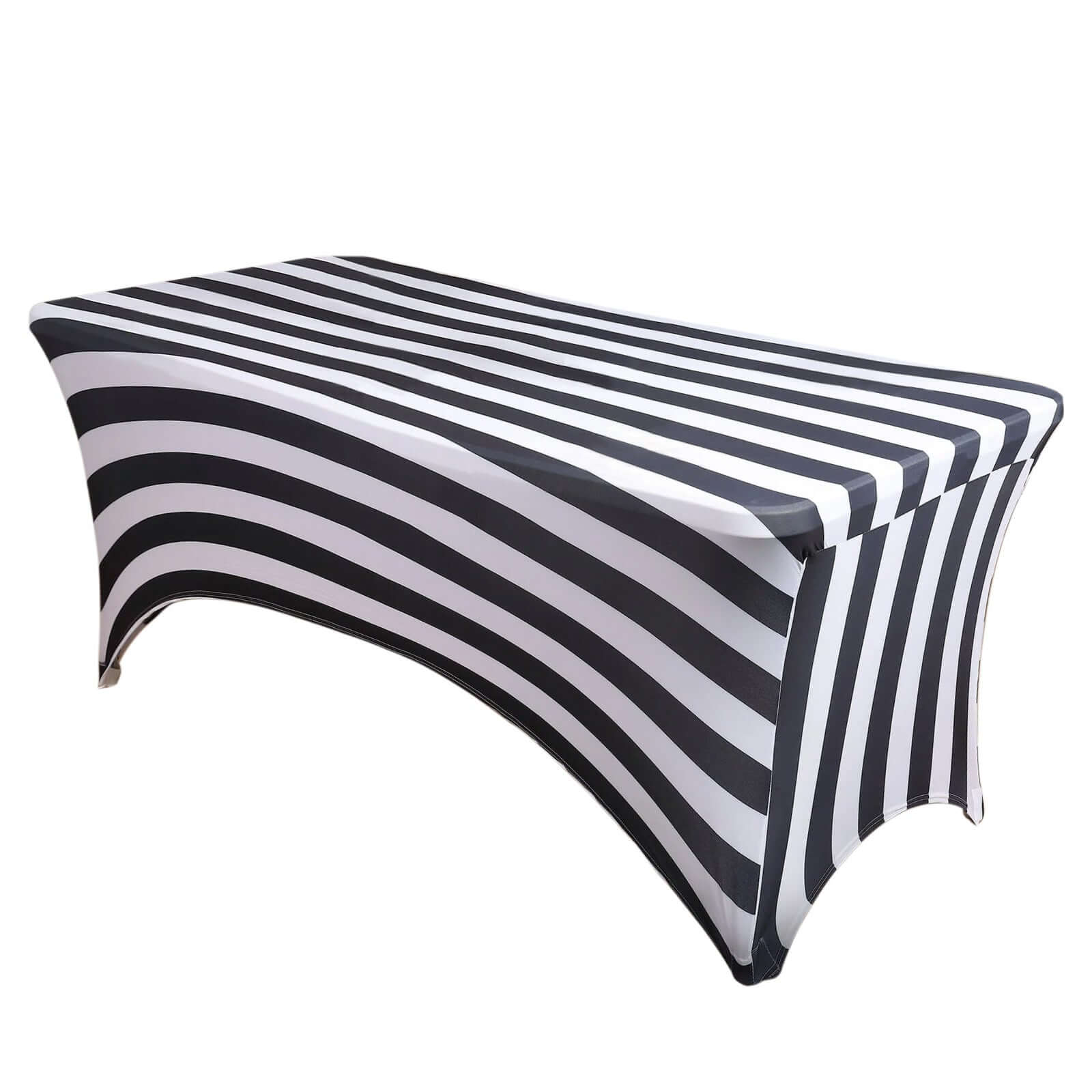 Stretch Spandex 8ft Rectangle Tablecloth Black/White Vertical Stripes - Durable Form - Fitting Tablecloth for Events & Presentations - Bell Racket Store