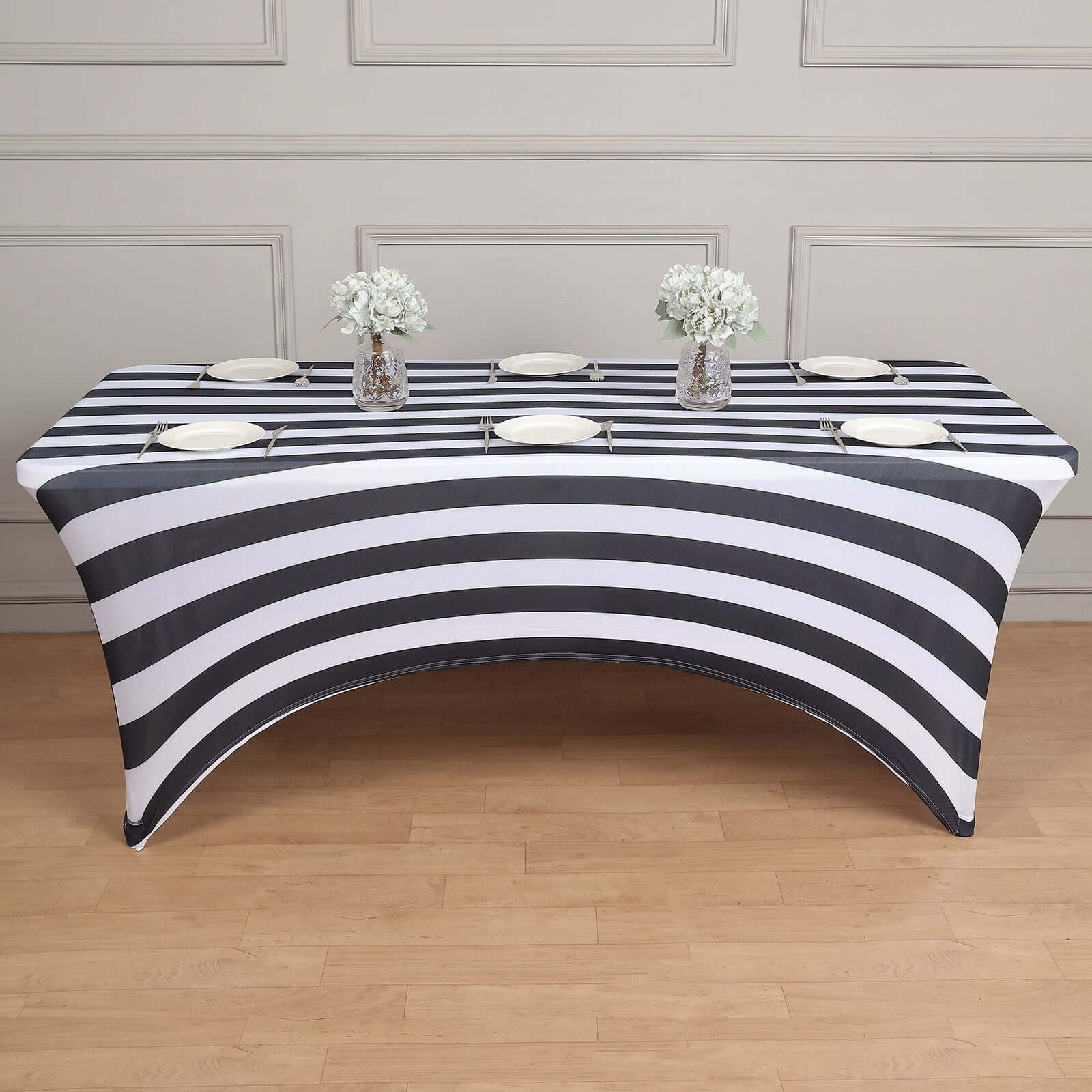 Stretch Spandex 8ft Rectangle Tablecloth Black/White Vertical Stripes - Durable Form - Fitting Tablecloth for Events & Presentations - Bell Racket Store