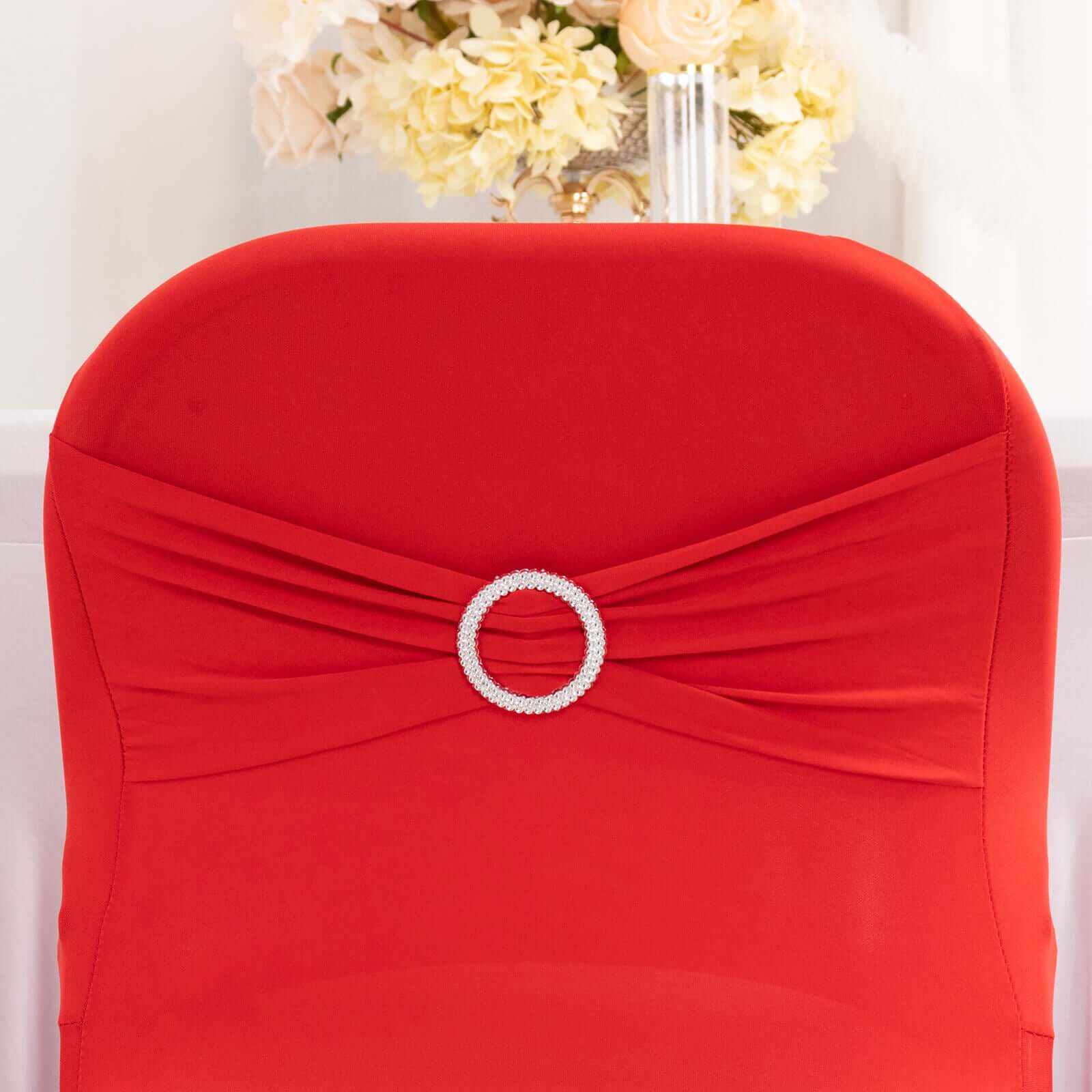 Stretch Spandex Chair Cover Red for Folding Chairs - Secure Fit Slipcover with Silver Rhinestone Buckled Sash Band - Bell Racket Store