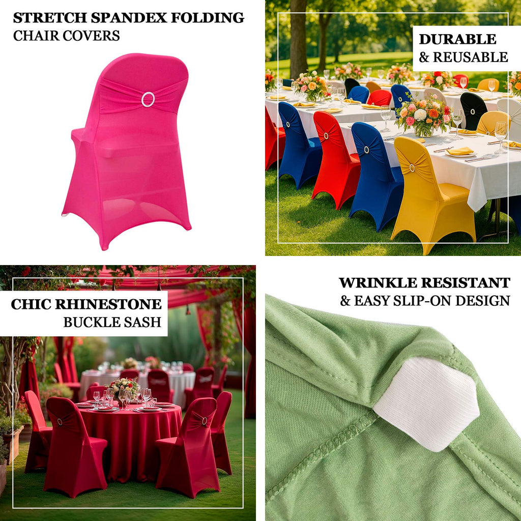 Stretch Spandex Chair Cover Sage Green for Folding Chairs - Secure Fit Slipcover with Silver Rhinestone Buckled Sash Band - Bell Racket Store