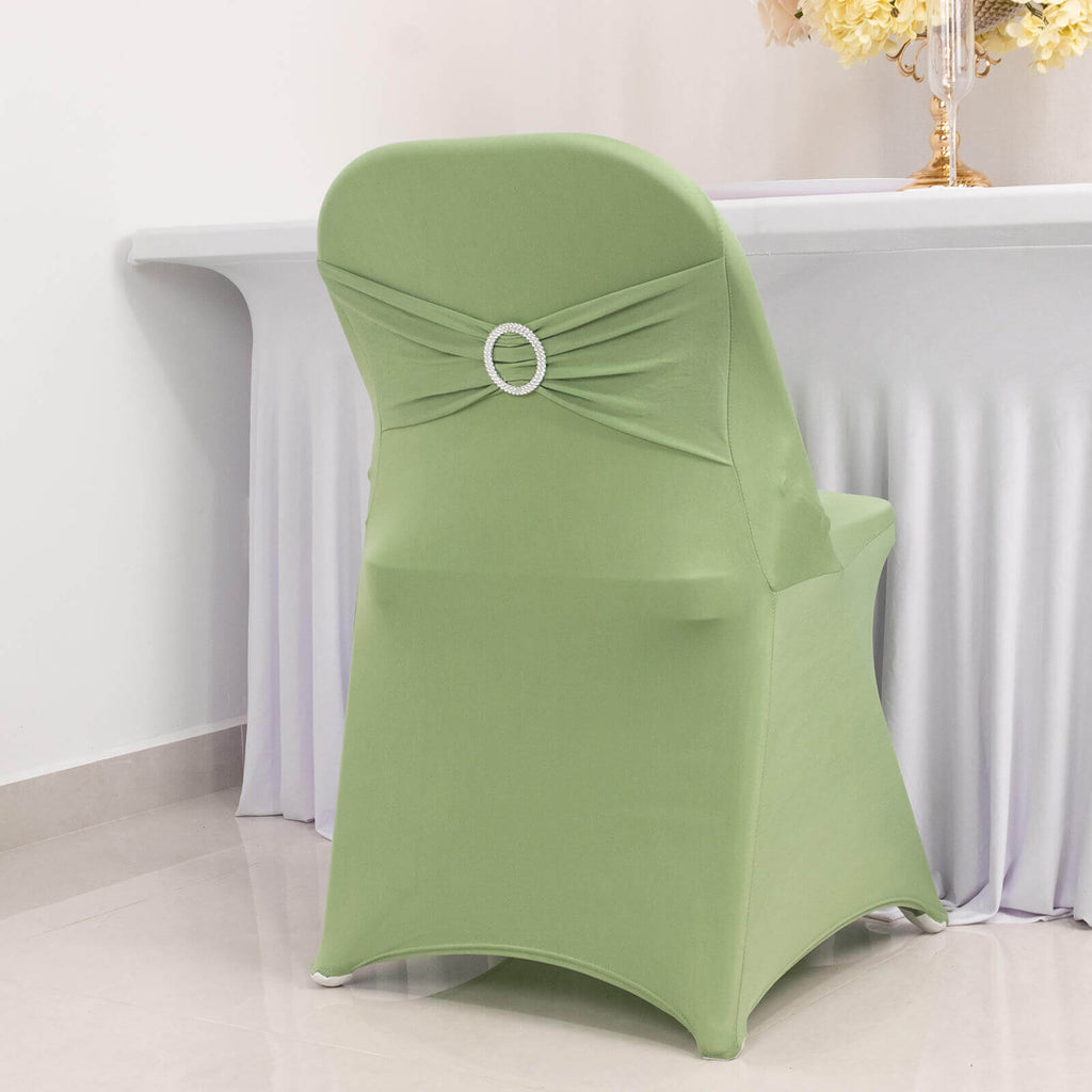 Stretch Spandex Chair Cover Sage Green for Folding Chairs - Secure Fit Slipcover with Silver Rhinestone Buckled Sash Band - Bell Racket Store