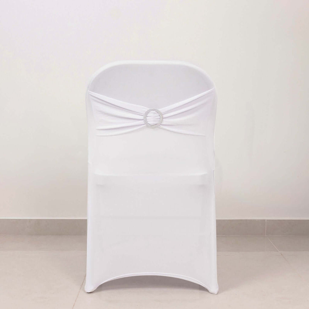 Stretch Spandex Chair Cover White for Folding Chairs - Enhanced Style & Secure Fit Slipcover with Stunning Silver Rhinestone Buckled Sash Band - Bell Racket Store