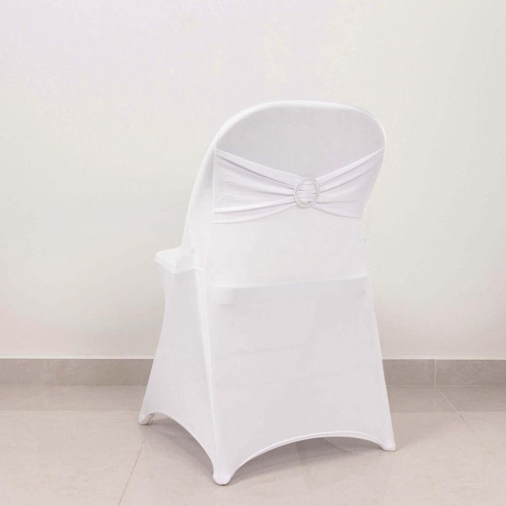Stretch Spandex Chair Cover White for Folding Chairs - Enhanced Style & Secure Fit Slipcover with Stunning Silver Rhinestone Buckled Sash Band - Bell Racket Store