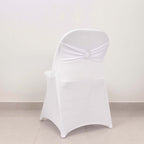 Stretch Spandex Chair Cover White for Folding Chairs - Enhanced Style & Secure Fit Slipcover with Stunning Silver Rhinestone Buckled Sash Band - Bell Racket Store
